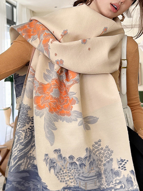 Floral Printed Tasseled Shawl&Scarf