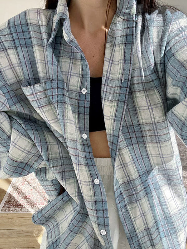 Buttoned Plaid Pockets Long Sleeves Loose Lapel Outerwear Blouses&Shirts Tops