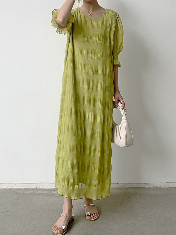 Pleated Solid Color Flared Sleeves Half Sleeves Round-Neck Midi Dresses