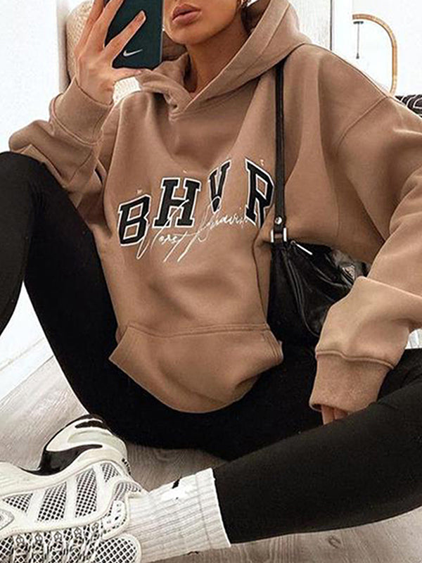 Keep Warm Letter Print Velvet Long Sleeves Loose Hooded Hoodies Tops