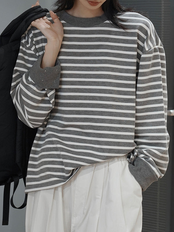 Contrast Color Split-Joint Split-side Striped Long Sleeves Loose Round-neck Sweatshirt Tops