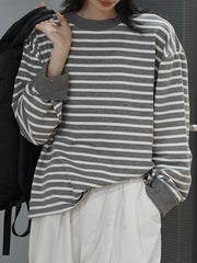 Contrast Color Split-Joint Split-side Striped Long Sleeves Loose Round-neck Sweatshirt Tops