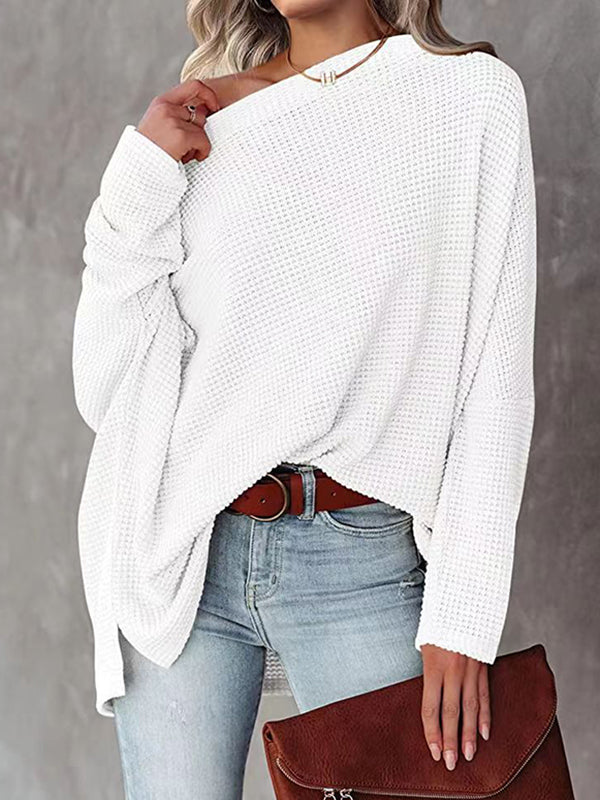 Solid Color Split-side Long Sleeves Loose Boat Neck T-shirts
