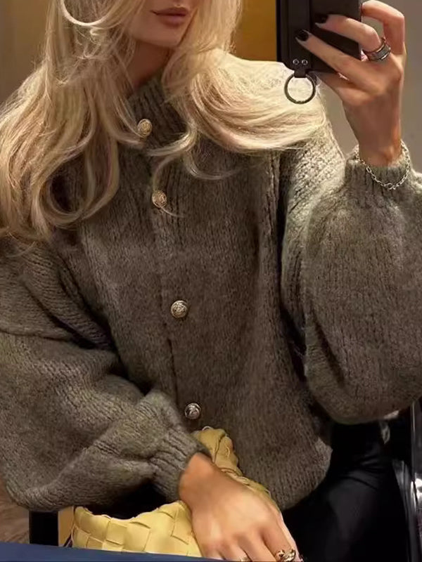 Buttoned Split-Joint Loose Puff Sleeves Round-neck Cardigan Tops