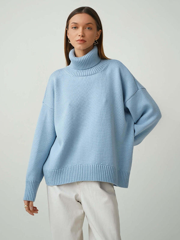 Casual Long Sleeves Loose Solid Color High-Neck Sweater Tops