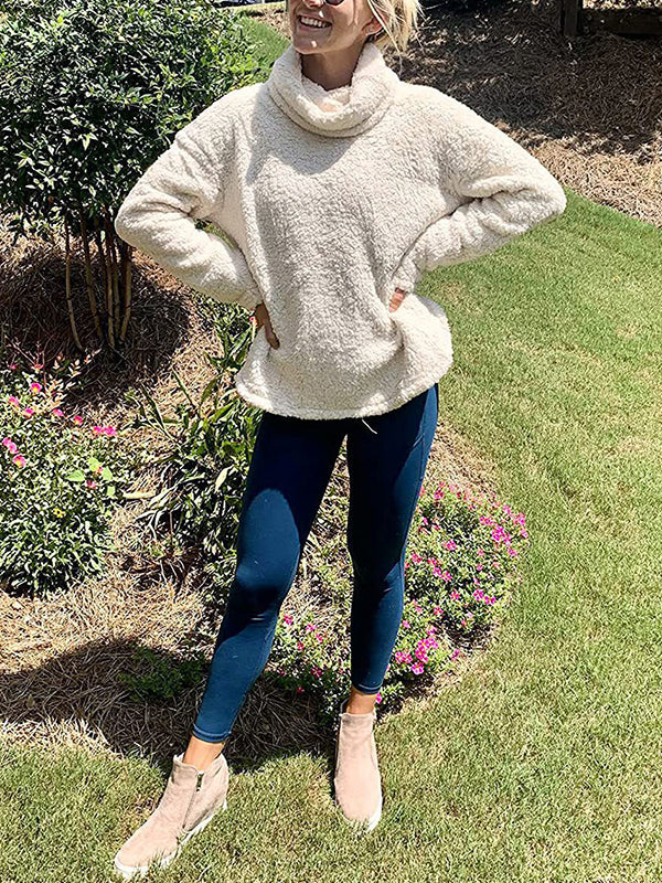 Solid Color Split-Joint Long Sleeves Loose High Neck Sweatshirt Tops