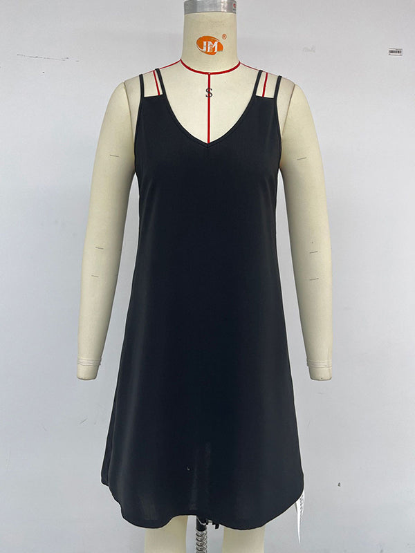 Hollow Solid Color A-Line High Waisted V-Neck Mini Dresses