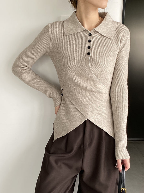 Asymmetric Buttoned Hollow Long Sleeves Skinny Lapel Sweater Pullovers Knitwear