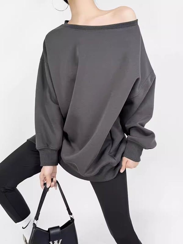 Solid Color Split-Joint Long Sleeves Loose Round-neck Sweatshirt Tops