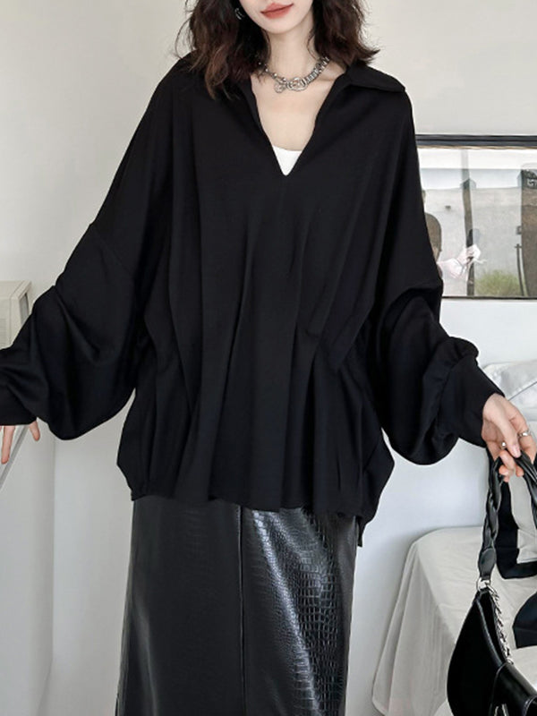 Pleated Solid Color Batwing Sleeves Long Sleeves Deep V-Neck Blouses&Shirts Tops