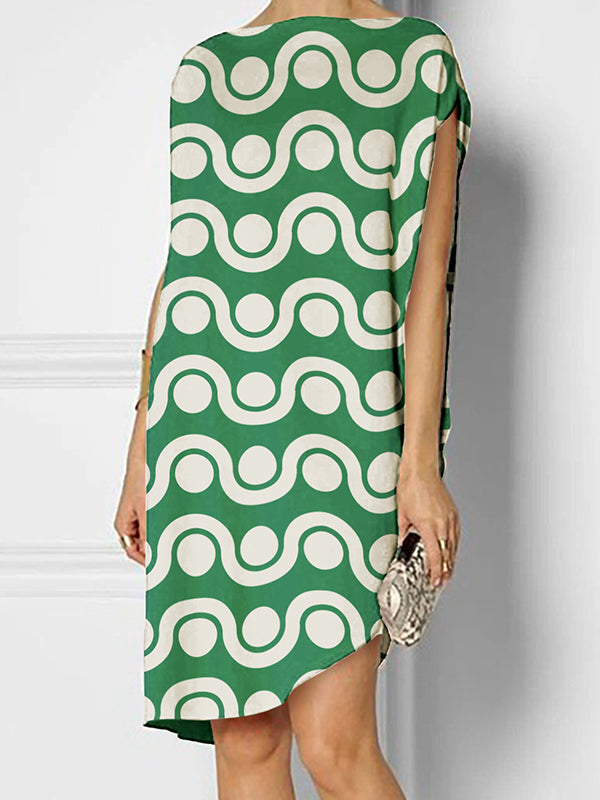 Loose Short Sleeves Contrast Color Printed Round-Neck Midi Dresses