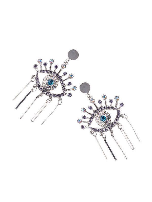 Eye Shape Rhine Stones Tasseled Drop Earrings
