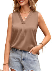 Pleated Solid Color Split-Joint Loose Sleeveless V-Neck Vest Top