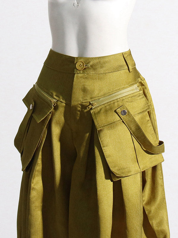 Pockets Solid Color Loose Wide Leg Trousers Casual Pants Bottoms