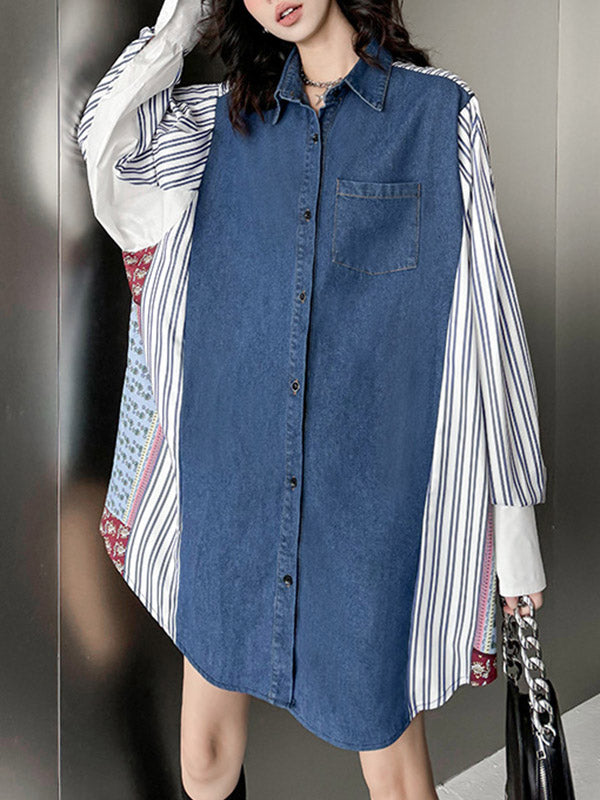 Buttoned Contrast Color Pockets Split-Joint Striped Long Sleeves Loose Lapel Blouses&Shirts Tops