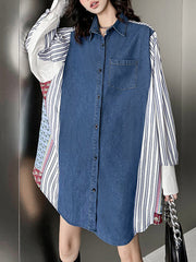 Buttoned Contrast Color Pockets Split-Joint Striped Long Sleeves Loose Lapel Blouses&Shirts Tops