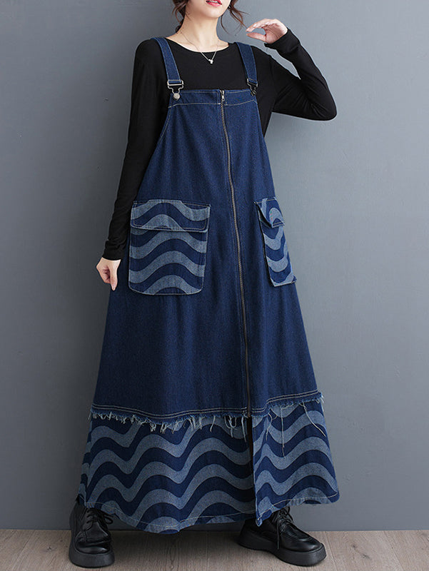 Split-Joint Striped Zipper A-Line Loose Adjustable Straps Midi Dresses