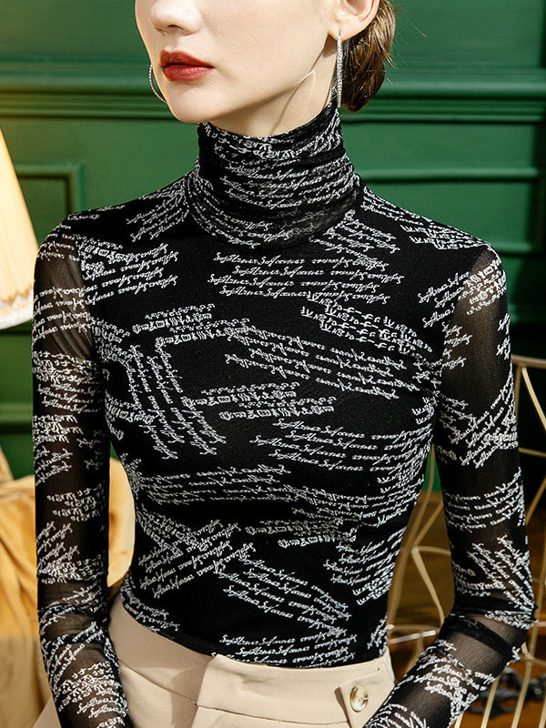 Gauze Letter Print Long Sleeves Skinny High-Neck T-Shirts
