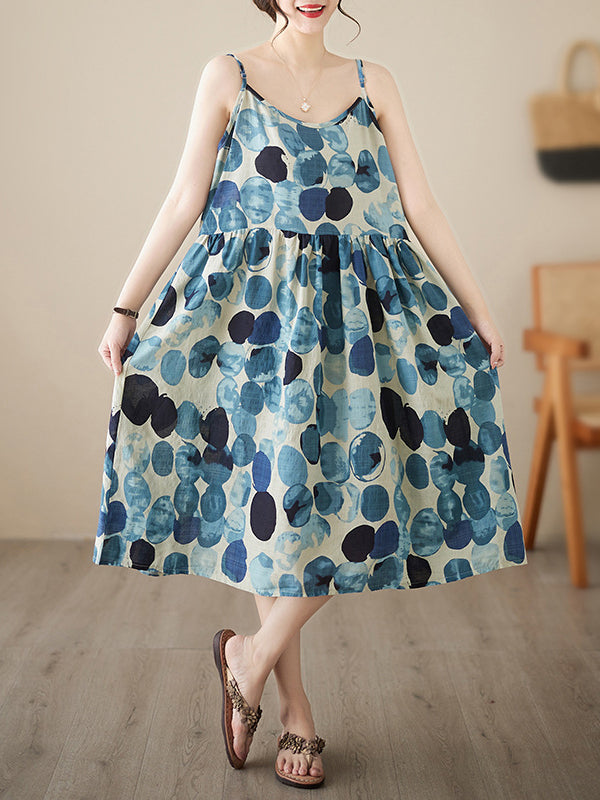 Pleated Printed Split-Joint Loose Sleeveless Spaghetti-Neck Midi Dresses