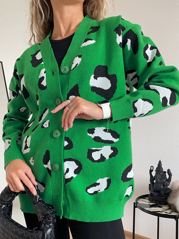 Buttoned Leopard Long Sleeves Loose V-Neck Cardigan Tops