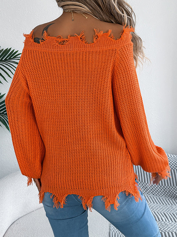 Hollow Knitted Leaves Ribbed Knit See-Through Solid Color Long Sleeves Off-The-Shoulder Sweater Tops
