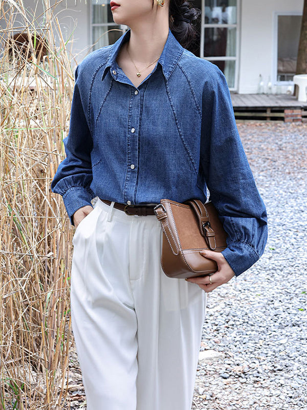Buttoned Pleated Split-Joint Long Sleeves Loose Lapel Blouses&Shirts Tops