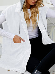 Buttoned Detachable Hooded Pockets Split-Joint Loose Sleeveless Lapel Collar Vest Outerwear