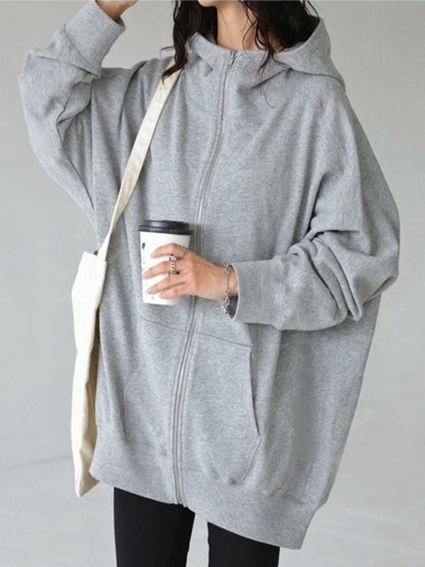 Solid Color Zipper Hooded Long Sleeves High-neck Outerwear Jackets