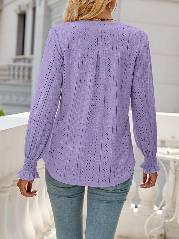 Elasticity Hollow Solid Color Long Sleeves Loose V-neck T-Shirts Tops