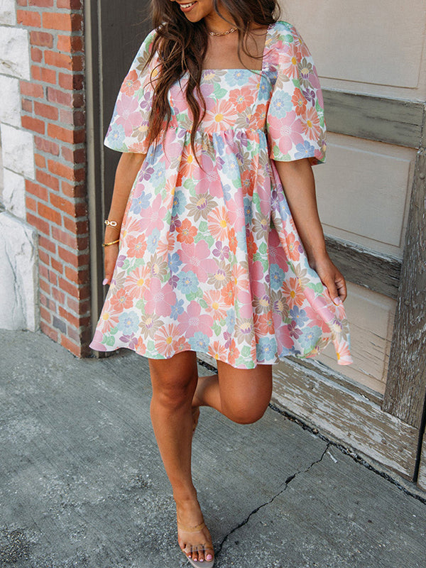 Elasticity Flower Print Pleated Split-Joint Zipper A-Line High Waisted Square-Neck Mini Dresses