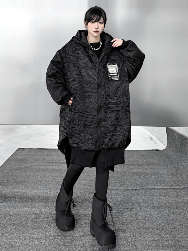 Abstract Printed Contrast Color Split-Joint Zipper High-Low Irregularity Hooded Overcoat Outerwear