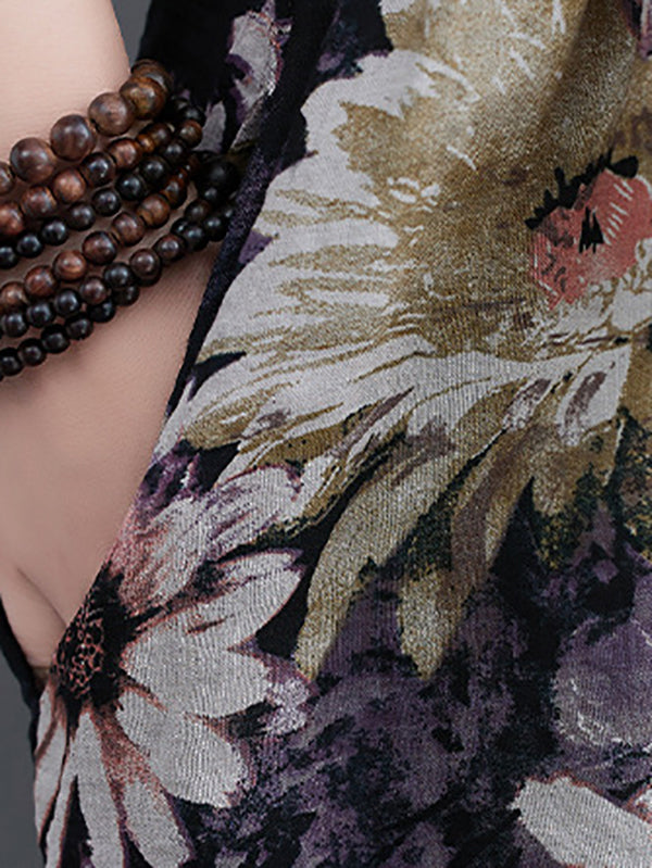 Floral Printed Pleated Split-Joint Loose Raglan Sleeve Round-Neck Midi Dresses