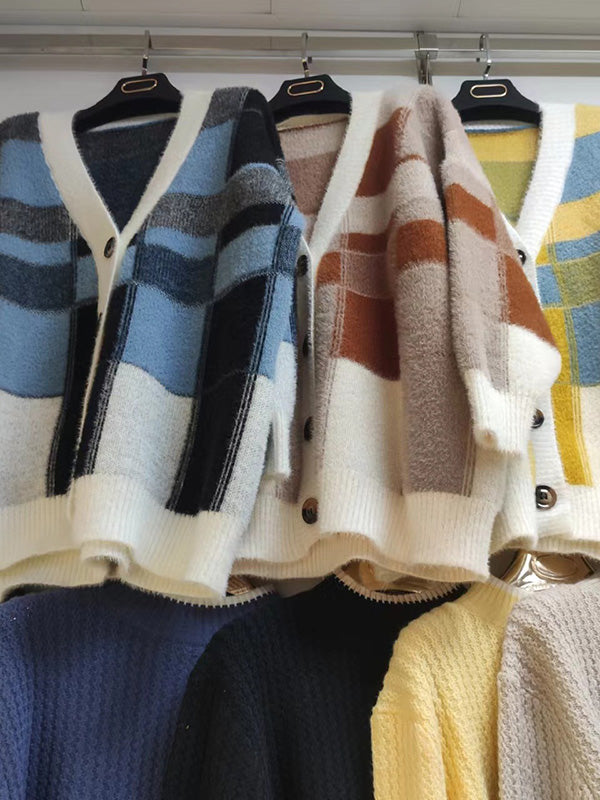 Casual Long Sleeves Loose Buttoned Contrast Color Plaid Deep V-Neck Sweater Tops Cardigan Coats
