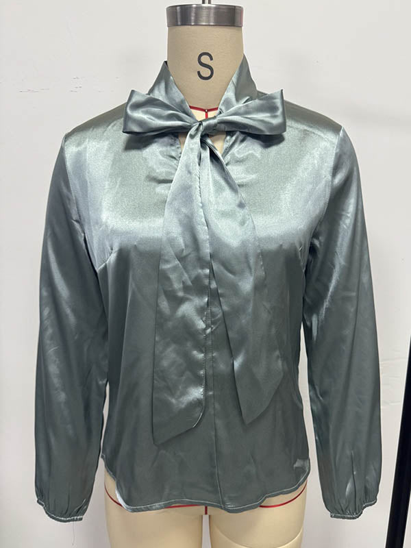 Bow-Embellished Pleated Solid Color Split-Joint Long Sleeves Loose Scarf Collar Blouses&Shirts Tops