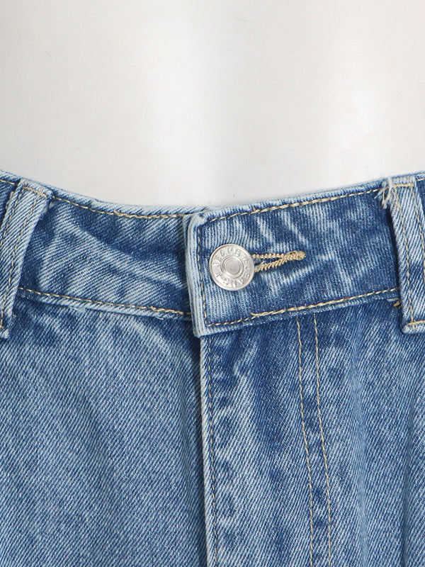 Pleated Pockets Split-Joint Streamer Loose Jean Pants Bottoms