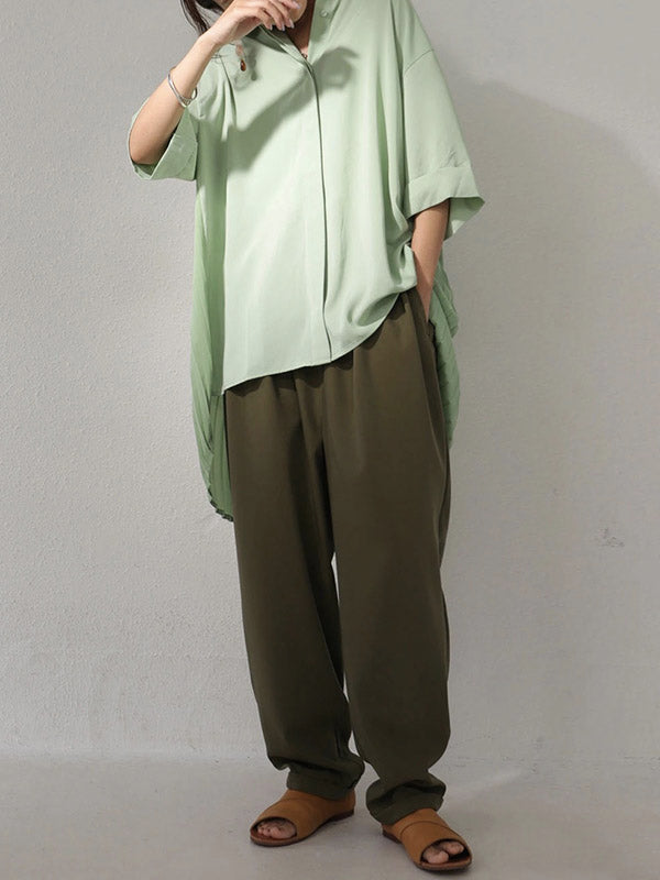 Stylish Solid Color High-Low Pleated Split-Joint Half Sleeves Blouse