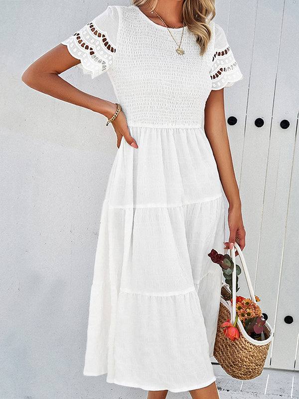 Elasticity Hollow Solid Color Split-Joint A-Line Loose Round-Neck Midi Dresses