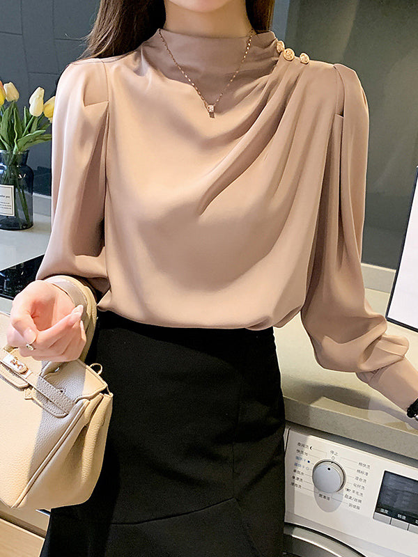 Pleated Split-Joint Loose Puff Sleeves High Neck Blouses&shirts Tops