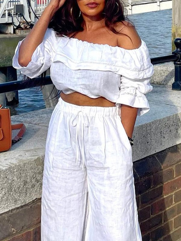 Elasticity Solid Color Split-Joint Half Sleeves Loose Off-The-Shoulder Blouses&Shirts Tops
