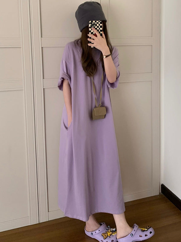 Casual Loose Short Sleeves Split-Side Solid Color Round-Neck Midi Dresses