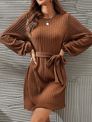 Hollow Solid Color Tied Waist Long Sleeves Loose Round-Neck Mini Dresses