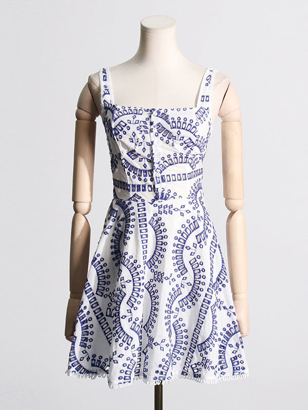 Buttoned Elasticity Hollow Solid Color High Waisted Loose Spaghetti-Neck Mini Dresses