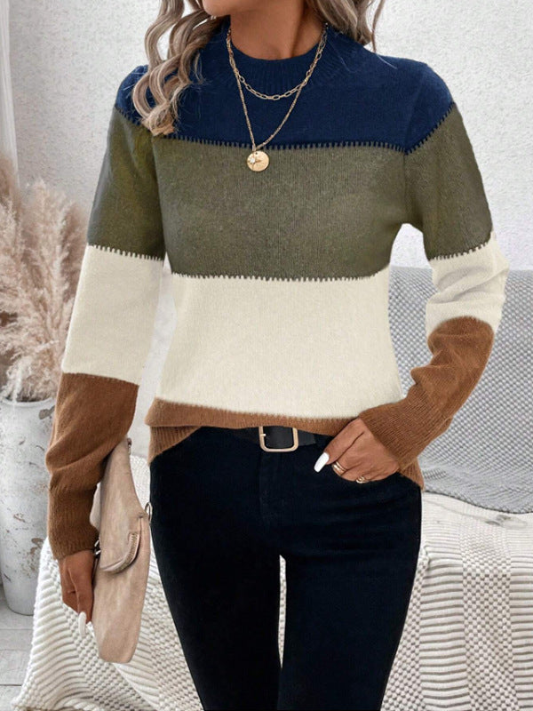 Contrast Color Long Sleeves Round-Neck Sweater Tops Pullovers