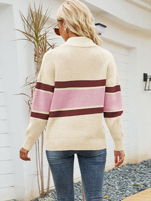 Stylish Loose Solid Color& Contrast Color Striped Lapel Collar Sweater Tops