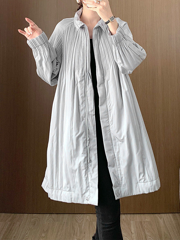 Pleated Quilted Solid Color Zipper Long Sleeves Loose Asymmetric Collar Padded Coat