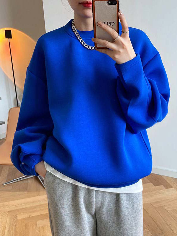 Solid Color Long Sleeves Loose Round-Neck Sweatshirt Tops