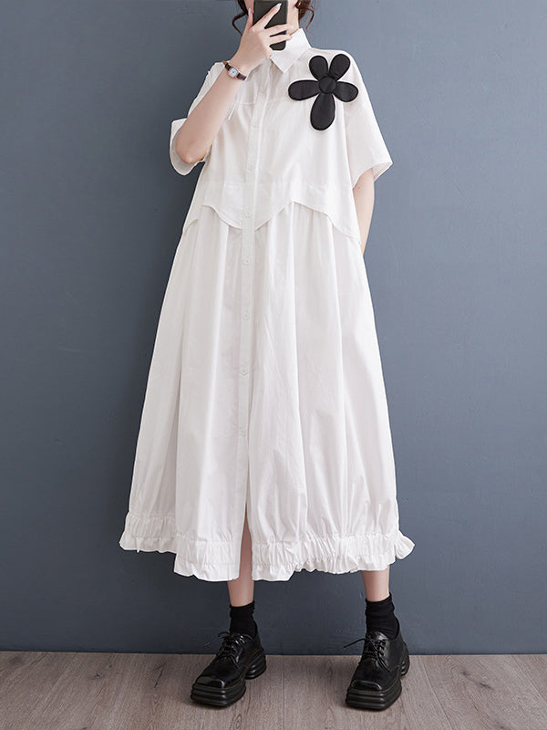 Elasticity Pleated Split-Joint Loose Short Sleeves Lapel Midi Dresses