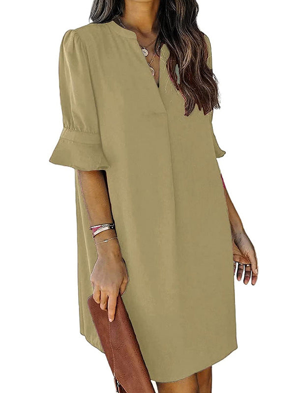 Pleated Ruffled Solid Color Split-Joint A-Line Flared Sleeves V-Neck Mini Dresses