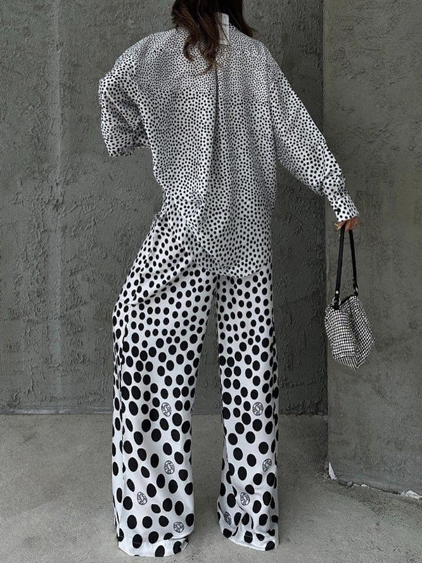 Polka-Dot Long Sleeves Loose Buttoned Contrast Color Pockets Lapel Blouses Tops + Pants Bottom Two Pieces Set