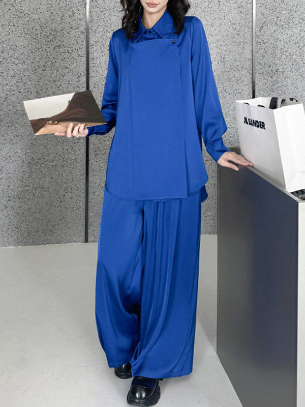 Buttoned Solid Color Long Sleeves Lapel Shirts Top + Elasticity High Waisted Pants Bottom Two Pieces Set